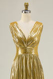 Gold A-Line Metallic Pleated V-Neck Formal Dress