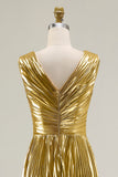 Gold A-Line Metallic Pleated V-Neck Formal Dress