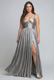 Metallic Silver A Line Pleated Spaghetti Straps Long Plus Size Prom Dress with Slit