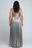Metallic Silver A Line Pleated Spaghetti Straps Long Plus Size Prom Dress with Slit