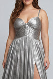 Metallic Silver A Line Pleated Spaghetti Straps Long Plus Size Prom Dress with Slit
