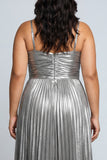 Metallic Silver A Line Pleated Spaghetti Straps Long Plus Size Prom Dress with Slit