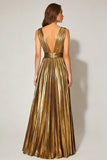 Golden Metallic A Line Pleated Formal Dress