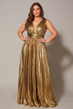 Metallic Gold Pleated A Line V-Neck Plus Size Long Prom Dress