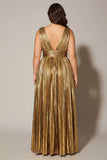 Metallic Gold Pleated A Line V-Neck Plus Size Long Prom Dress