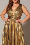 Metallic Gold Pleated A Line V-Neck Plus Size Long Prom Dress