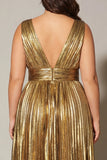 Metallic Gold Pleated A Line V-Neck Plus Size Long Prom Dress