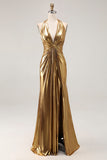 Red Halter Metallic Ruched Formal Dress Wth Slit