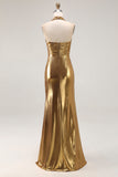 Red Halter Metallic Ruched Formal Dress Wth Slit