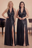Black Halter Neck Metallic Ruched Choir Dress With Slit