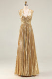 Gold V-Neck A Line Metallic Pleated Long Formal Dress