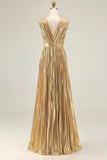 Gold V-Neck A Line Metallic Pleated Long Formal Dress