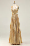 Gold V-Neck A Line Metallic Pleated Long Formal Dress