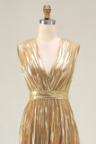 Gold V-Neck A Line Metallic Pleated Long Formal Dress