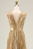 Gold V-Neck A Line Metallic Pleated Long Formal Dress
