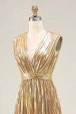 Gold V-Neck A Line Metallic Pleated Long Formal Dress