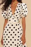 White Black Dots A Line  Wrap Long Formal Dress with Sleeves