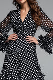 Black White Dot A Line Ruffled Long Formal Dress with Sleeves