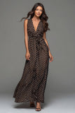 Dark Brown White Dot A Line Long Formal Dress with Sash