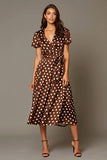Brown Satin A-Line V-Neck Tea Length Polka Dots Dress