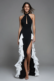 Halter Black White Cut Out Formal Dress with Ruffles