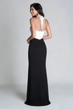 Halter Sheath Black and White Long Formal Dress with Slit