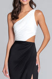 Cut Out Black and White One Shoulder Sheath Long Formal Dress with Slit
