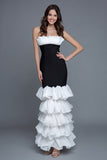 Black and White Strapless Tiered Mermaid Long Formal Dress with Ruffles