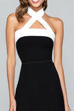 Black and White Sheath Halter Long Formal Dress with Slit