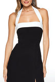Black and White Sheath Long Halter Formal Dress with Slit