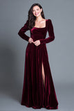 Square Neck Burgundy A Line Vlevet Formal Dress with Slit