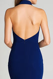 Navy Sheath Satin High Neck Long Formal Dress with Slit