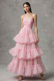 Pink Tulle A Line Tiered Strapless Long Formal Dress with Ruffles