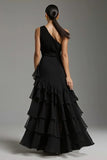 Black A Line Tiered One Shoulder Maxi Formal Dress with Slit