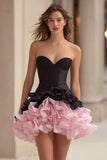 Black and Pink A Line Sweetheart Corset Short Cocktail Dress with Ruffles