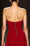 Red Satin A Line Strapless Long Evening Dress
