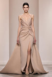 Champagne Satin Backless Ruched Long Evening Dress With Slit