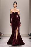 Dark Red Strapless Long Velvet Evening Dress With Slit