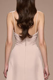 Champagne A Line Satin Ruched Maxi Evening Dress with Slit