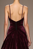 Burgundy Velvet A Line Spaghetti Straps Long Evening Dress