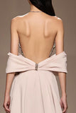 Ivory Satin A-Line Cold Shoulder Long Evening Dress with Slit