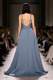 Grey Blue Satin A-Line Ruched V-Neck Long Evening Dress with Slit