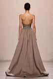 Coffee Satin A-Line Ruched Strapless Long Evening Dress
