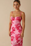 Chiffon Printed Light Pink Spaghetti Straps Sheath Long Evening Dress