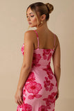 Chiffon Printed Light Pink Spaghetti Straps Sheath Long Evening Dress