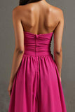 Fuchsia A Line Ruched Cottton Strapless Evening Dress