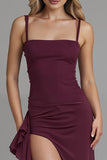 Dark Red Spaghetti Straps Sheath Satin Evening Dress with Slit