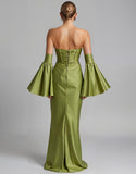 Turquoise Puff Sleeve Ruched Strapless Mermaid Evening Dress
