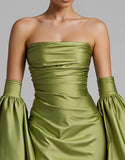 Turquoise Puff Sleeve Ruched Strapless Mermaid Evening Dress