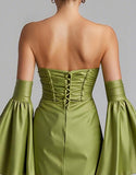 Turquoise Puff Sleeve Ruched Strapless Mermaid Evening Dress